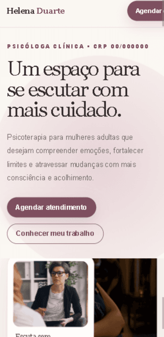 Versão mobile do projeto Modelo Psicóloga — Acolhedor